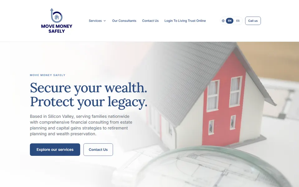 Homepage of Move Money Safely, a financial consulting website, live now