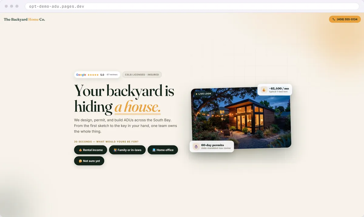 ADU builder website design concept that opens by asking what the backyard home is for: rental income, family, or a home office