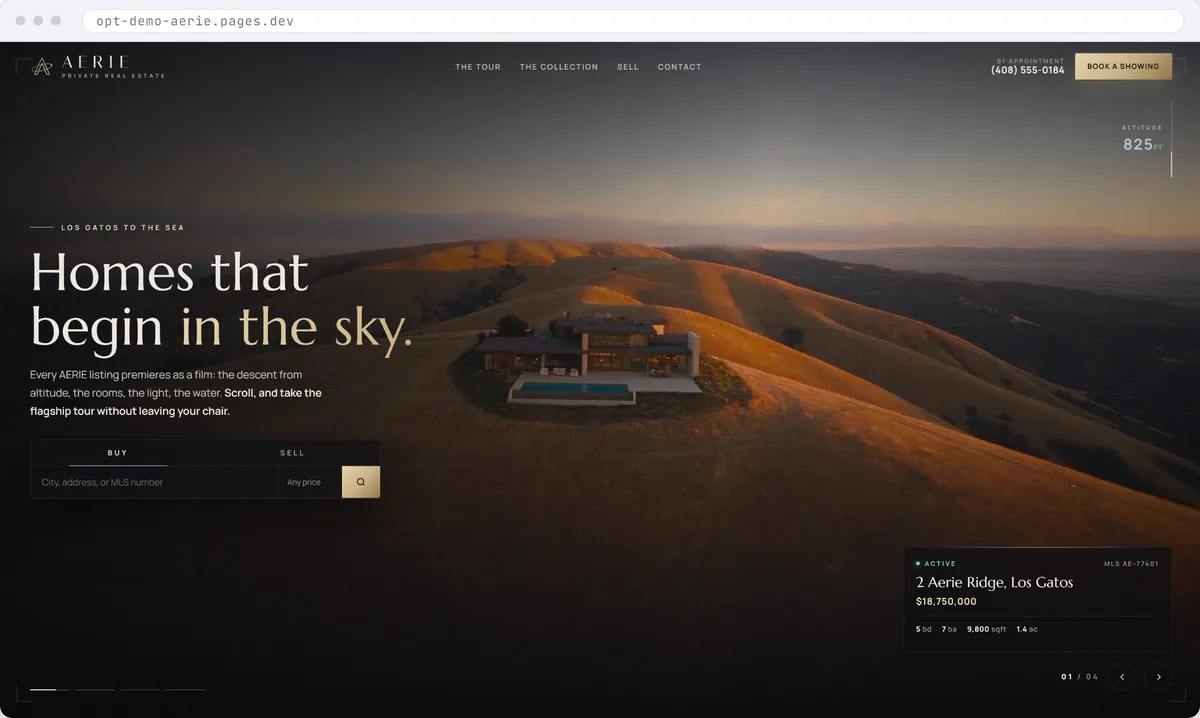 Luxury real estate website design concept with a cinematic full screen property hero