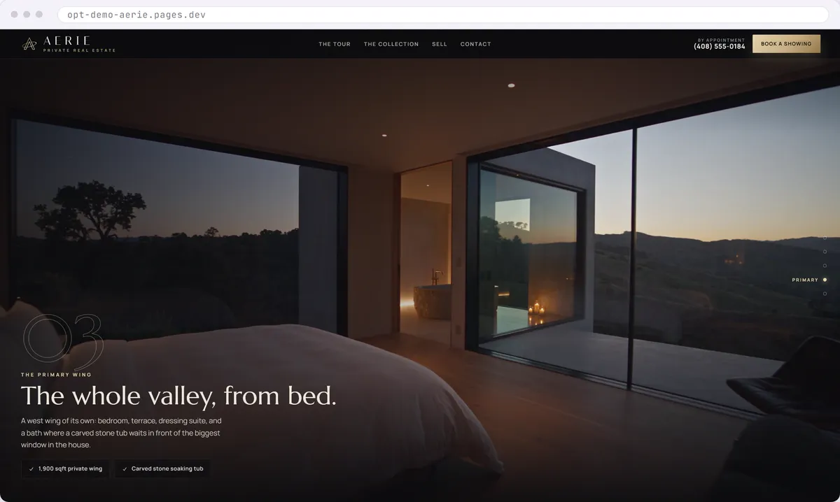 The bedroom stop on the scrolling tour in the luxury real estate website design concept, with a wall of glass facing the valley