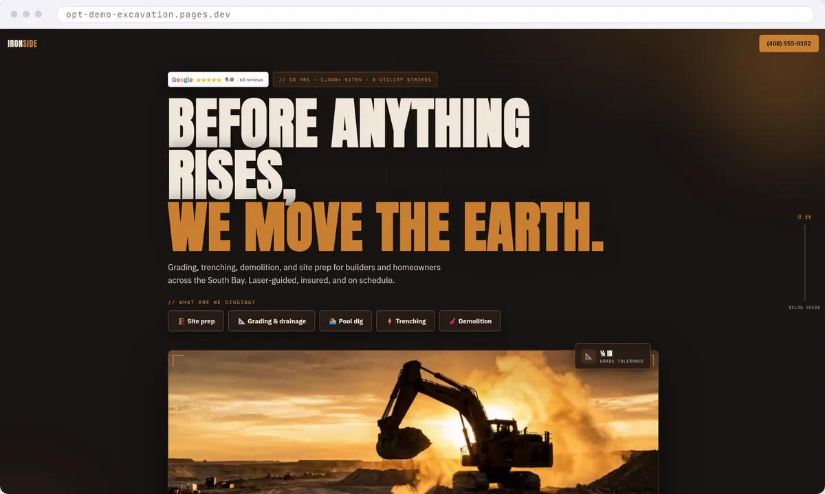 Excavation contractor website design concept with a depth gauge that tracks how far the visitor has scrolled