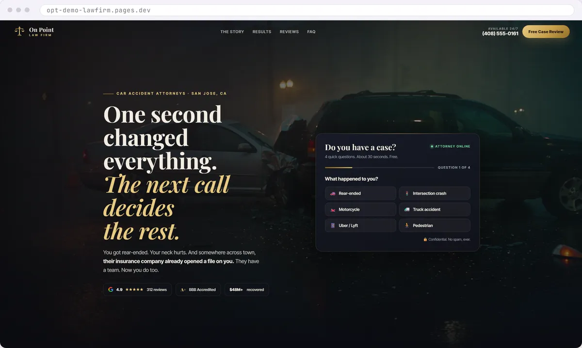 Personal injury law firm website design concept with a full screen video hero and a free case review button