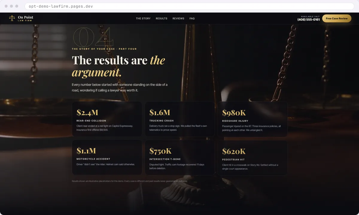 The results section of the law firm website design concept