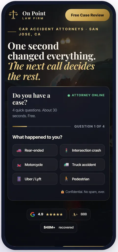 The law firm website concept on a phone, with the free case review button above the fold