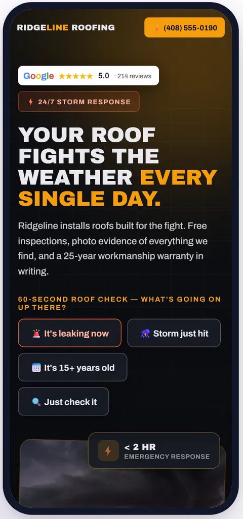 The roofing website concept on a phone, with a tap to call button pinned to the top of the screen