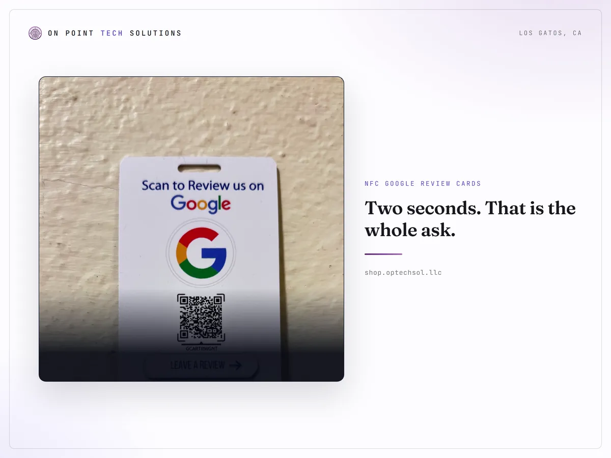 An NFC Google review card with a QR code, printed with Scan to Review us on Google