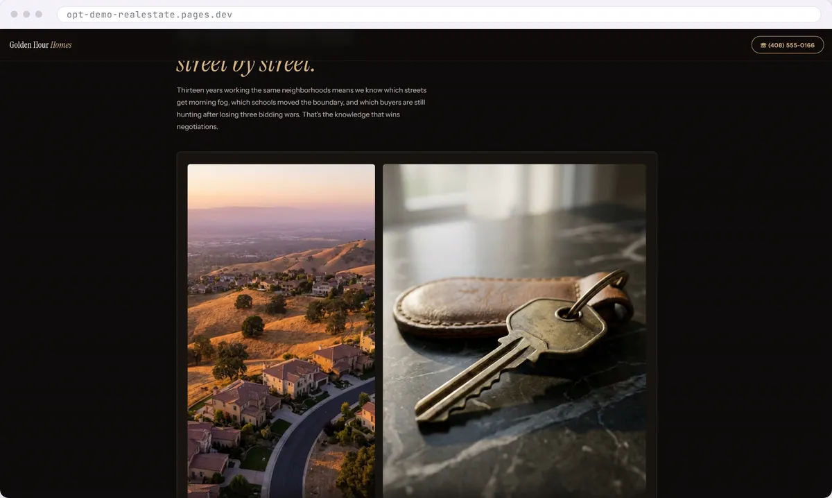 The neighborhoods section of the real estate agent website design concept, with a hillside aerial photo and a set of house keys