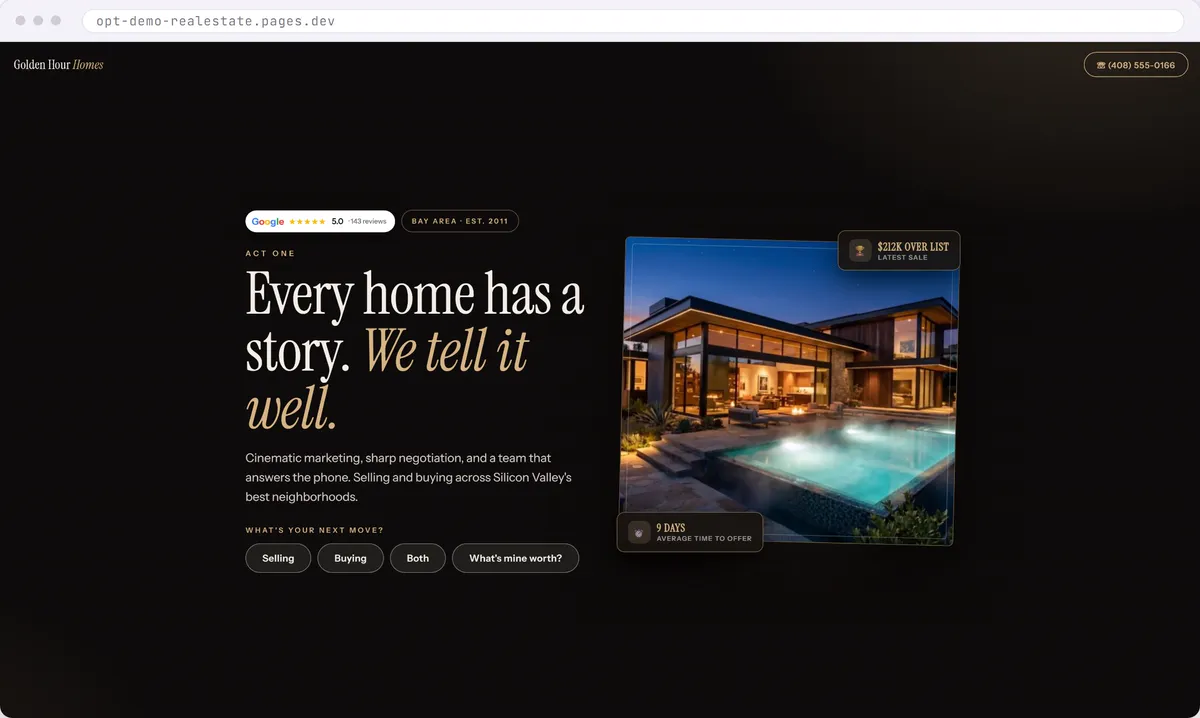 Real estate agent website design concept with a letterbox film style opening