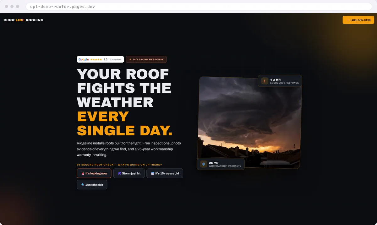 Roofing website design concept with a storm photo hero, a Google rating badge, and a 60 second roof check that starts the quote